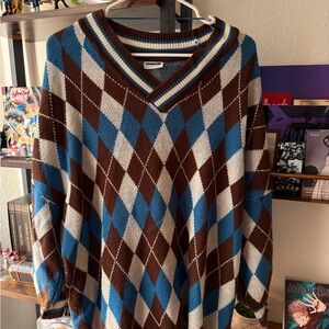 Noisy may Argyle V-Neck Sweater - Blue and Brown